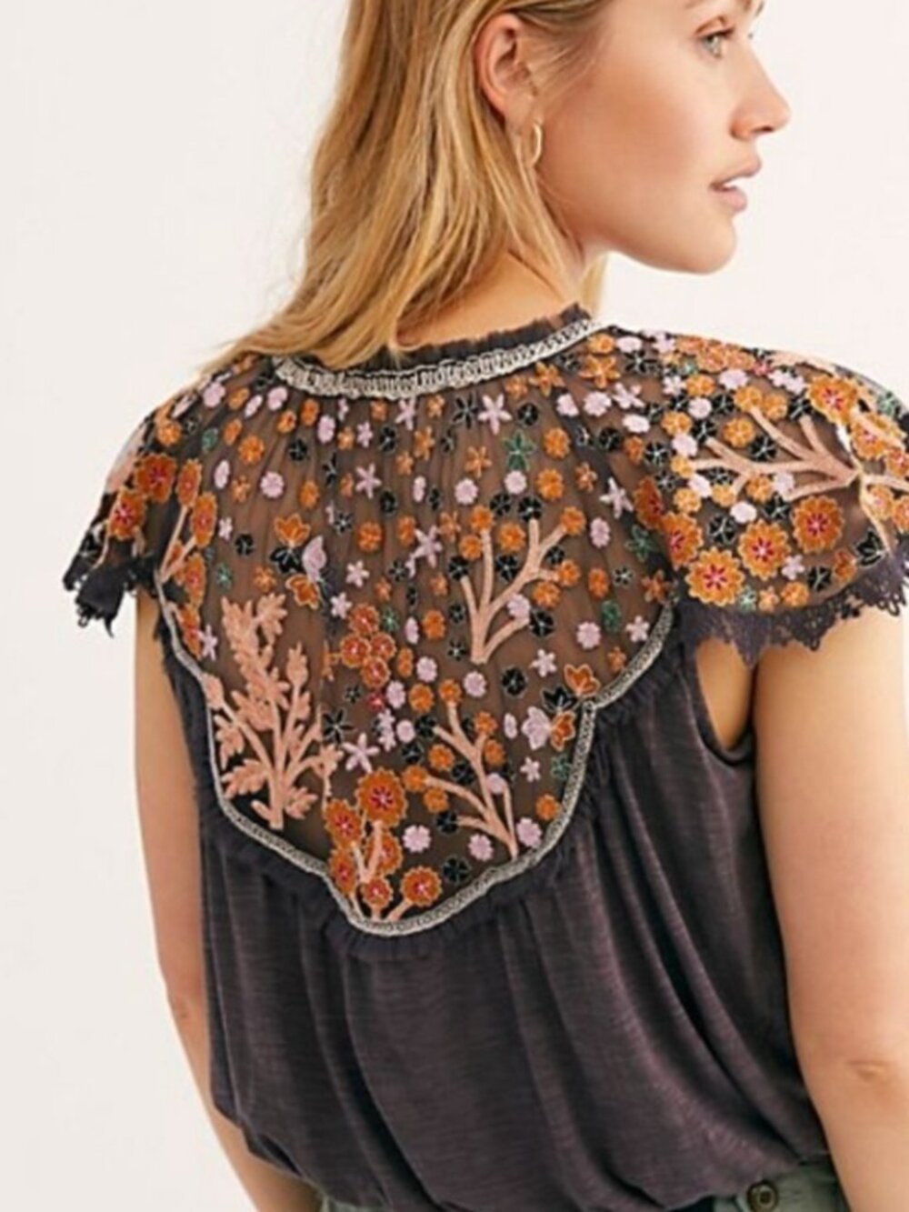 Free People Sundown Embroidered Floral Boho Top Gray Small S Rare